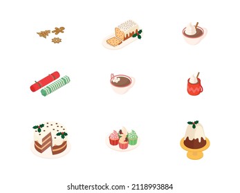 Comida, comida, verdura, fruta, carne, bebida, conjunto de cocina navideña. Isometric vectorial ilustración en diseño plano. 