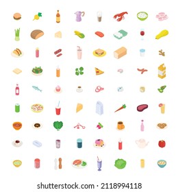 Food, meal, vegetable, fruit, meat, drink, cooking set. Isometric vector illustration in flat design. 
