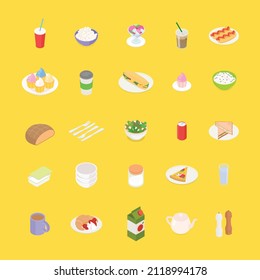 Food, meal, vegetable, fruit, meat, drink, cooking set. Isometric vector illustration in flat design. 