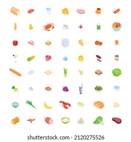 Food, meal, vegetable, fruit, meat, drink, cooking set. Isometric vector illustration in flat design. 