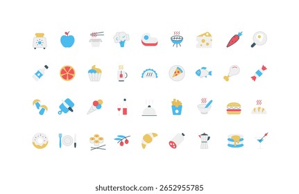 Comida e refeições de café da manhã, almoço e jantar em restaurante ou em casa, prato com ícone de cor prato definido. Café e hambúrguer, peixe e carne churrasco e bife, sorvete, salsicha ilustração vetor plana