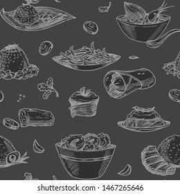 Food meat burrito and seafood salad with shrimps seamless pattern vector monochrome sketch outline herbs, and parsley colorless dishes served on plate with seasoning ingredients for food nutrition