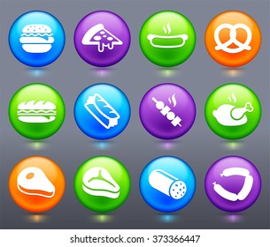 Food Meat and Junk food on Colorful Round Buttons