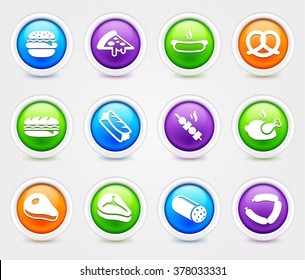 Food Meat and Junk food on Colorful Round Buttons