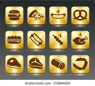Food Meat and Junk food on Gold Square Buttons