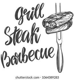 food meat, steak on a skewer roast , calligraphic text, hand drawn vector illustration realistic sketch