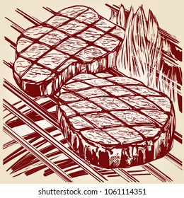 food meat, steak, roast grilled hand drawn vector illustration realistic sketch