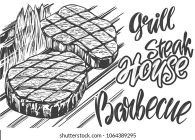 food meat, steak, roast grilled, calligraphic text hand drawn vector illustration realistic sketch