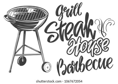 food meat, steak, roast grilled, calligraphic text hand drawn vector illustration realistic sketch