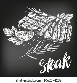 food meat, steak, roast set, calligraphic text, hand drawn vector illustration realistic sketch, , drawn in chalk on a black board