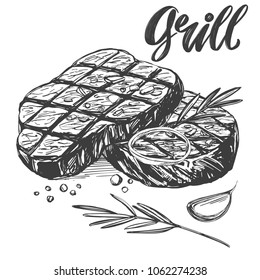 food meat, steak, roast set, calligraphic text, hand drawn vector illustration realistic sketch