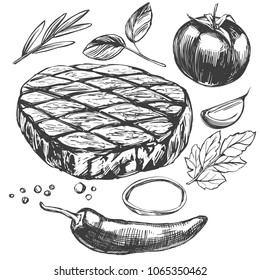 food meat, steak, roast, vegetable set, hand drawn vector illustration realistic sketch