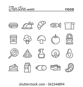 Food, meat, vegetables and more, thin line icons set, vector illustration