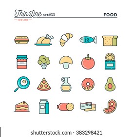 Food, meat, vegetables and more, thin line color icons set, vector illustration