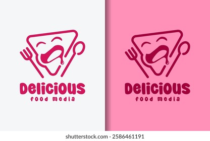 Food Media Logo. Play Media Button with Fun Character Combined with Spoon and Fork.