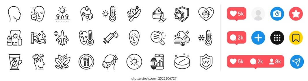 Food, Medical flight and Low thermometer line icons pack. Social media icons. Vegetable, Medical mask, Night cream web icon. Face accepted, Stress, Overeating pills pictogram. Vector