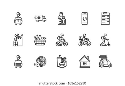 Food and medicines delivery flat icon set. Vector illustration couriers on different transport, motorbike, car, bike and scooter. Pizza delivery. Editable strokes.