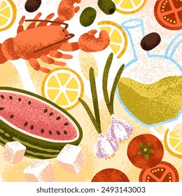 Comida, carta de cocina mediterránea. Langosta, verduras, aceite de oliva. Cocina italiana y griega con tomate, queso feta. Comida saludable fresca gourmet, ingredientes dispersos. Ilustración vectorial plana