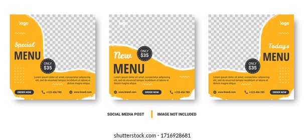 Food menu banner social media post. Editable social media templates for promotions on the Food menu. Set of social media story and post frames. Layout design for marketing on social media.