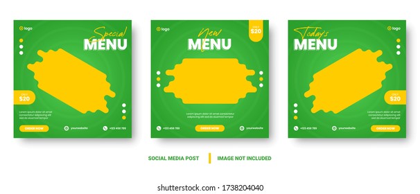 Food menu banner social media post. Editable social media templates for promotions on the Food menu. Set of social media story and post frames. Layout design for marketing on social media.