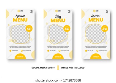 Food menu banner social media post. Editable social media templates for promotions on the Food menu. Set of social media story and post frames. Layout design for marketing on social media.