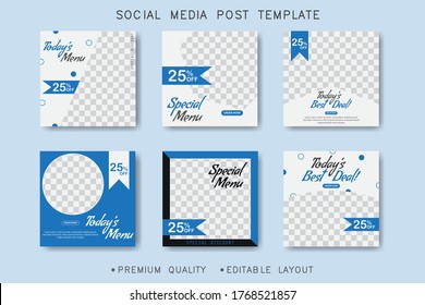 Food menu banner social media post. Editable social media templates for promotions on the food menu. Set of social media story and post frames. Layout design for marketing on social media