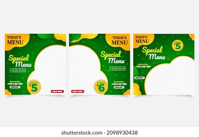 Food menu banner social media post. Set of editable social media templates for promotions on the food menu. Layout design background for digital marketing with green color. Vector illustration