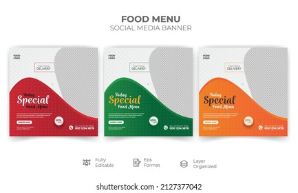 Food menu banner social media post. Editable social media templates for promotions on the Food menu. Set of social media story and post frames. Layout design for marketing on social media. vector 10