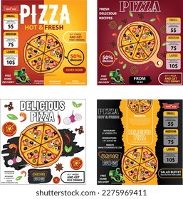 Cartel del menú de comida en medios sociales. Plantillas editables de medios sociales para promociones en el menú de pizza. Conjunto de artículos en medios sociales y marcos de publicaciones. Diseño de marketing en redes sociales con banner de pizza