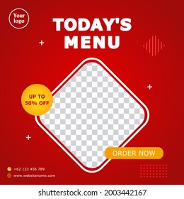 Food Menu Banner Template, Social Media Post Template in red and yellow colors. With 50% Discount