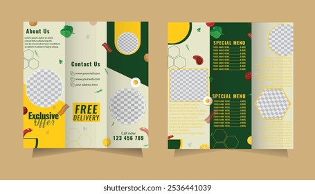 Food menu brochure design template. Minimal food menu list brochure trifold white Background.