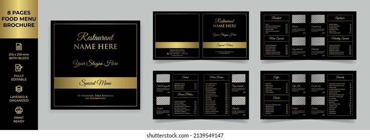 Food Menu Brochure Template, Square Food Menu Brochure Template, Luxury Menu simple style and modern layout