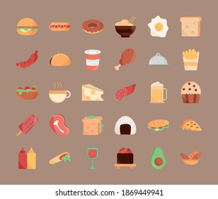 food menu burger cupcake soda french fries egg bread in cartoon flat icons set vector illustration