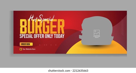 Food menu and delicious burger facebook cover banner social media ident personal social media cover photo template design premium vector