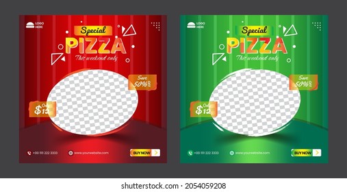 Food menu and delicious pizza social media banner template