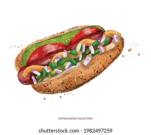 Food menu design elements. Hot dog hand drawn frame. American food. Watercolor illustration on white background.