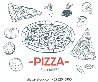 Food menu design elements. Pizza hand drawn frame. Italian food. Vector illustration on white background.