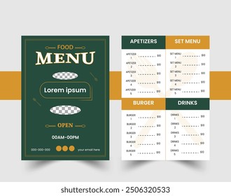 Diseño de menú de comida con diseño frontal y posterior