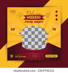 Food menu design template for social media poster. Web banner for restaurant marketing post.burger, pizza, fast food sales poster.