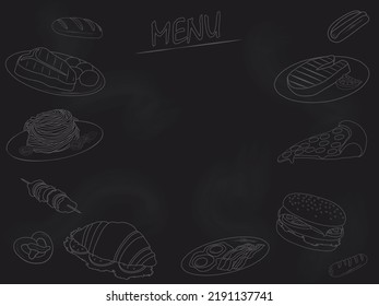 Food menu with different dishes contours and copy space drawn on blackboard vector illustration