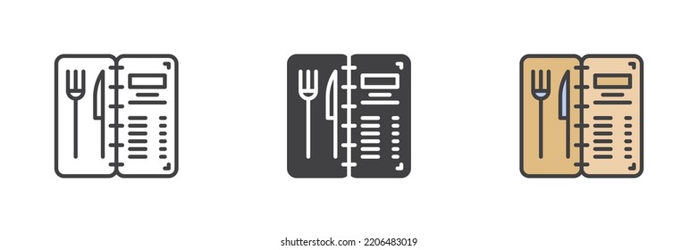 Speisekarte verschiedene Stil Symbol Set. Linie, Glyph und gefüllte Umrissversion, Restaurantmenü Umriss und ausgefülltes Vektorzeichen. Symbol, Logo-Abbildung. Vektorgrafik