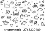 Food menu doodle background with hamburger, french fries, fried chicken, hot dog, and spaghetti icons in creative hand-drawn style