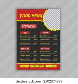 Food Menu Flyer Design Template and restaurant menu. Vector illustration for banner, poster, flyer, cover, menu, brochure