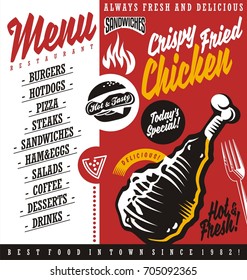 Food menu with fried chicken meat drawing, burger and pizza illustration. Fast food restaurant menu vector template.