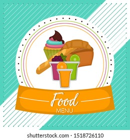 Food menu with a fruits cocktail glasses, breads and cupcake - Vector