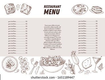 Food menu. Hand drawn sketch. Vector illustration. Restaurant menu design. Engraved style. Food and drink illustration.