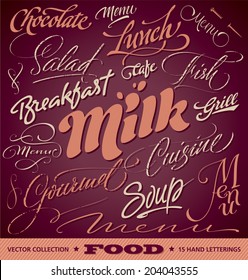 FOOD menu headlines set of 15 hand letterings -- custom handmade calligraphy, vector (eps8)