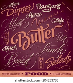 FOOD menu headlines set of 16 hand letterings -- custom handmade calligraphy, vector (eps8)