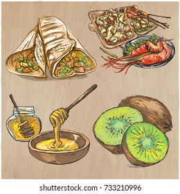 FOOD menu. International Cuisine set. Cooking and Dish. Vector collection of an hand drawing illustrations. Pack of  hand drawn freehand sketches. Line art technique.