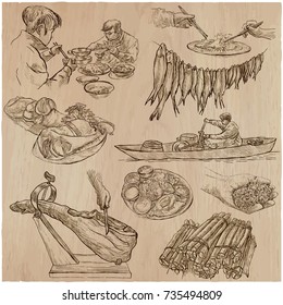 FOOD menu. International Cuisine set. Cooking and Dish. Vector collection of an hand drawing illustrations. Pack of  hand drawn freehand sketches. Line art technique.